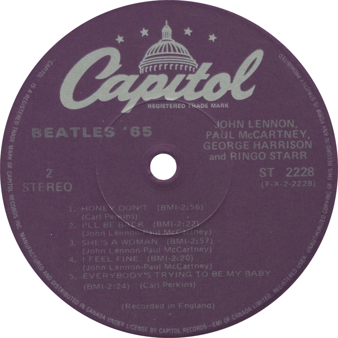 Beatles'65, LP.2228.11.1, side 2 label