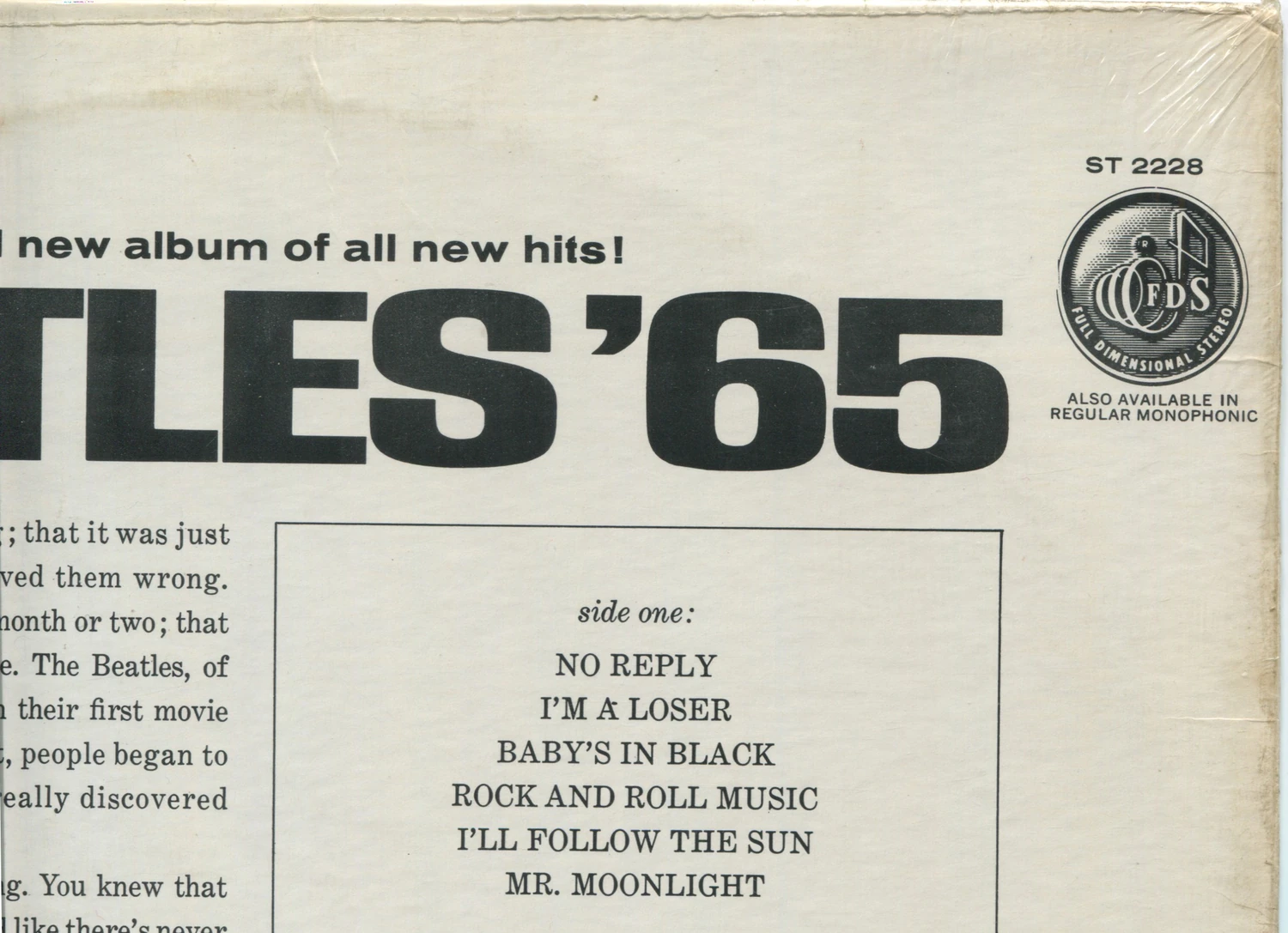 Beatles'65, LP.2228.2.5, back cover detail, Also Available in Regular Monophonic notice