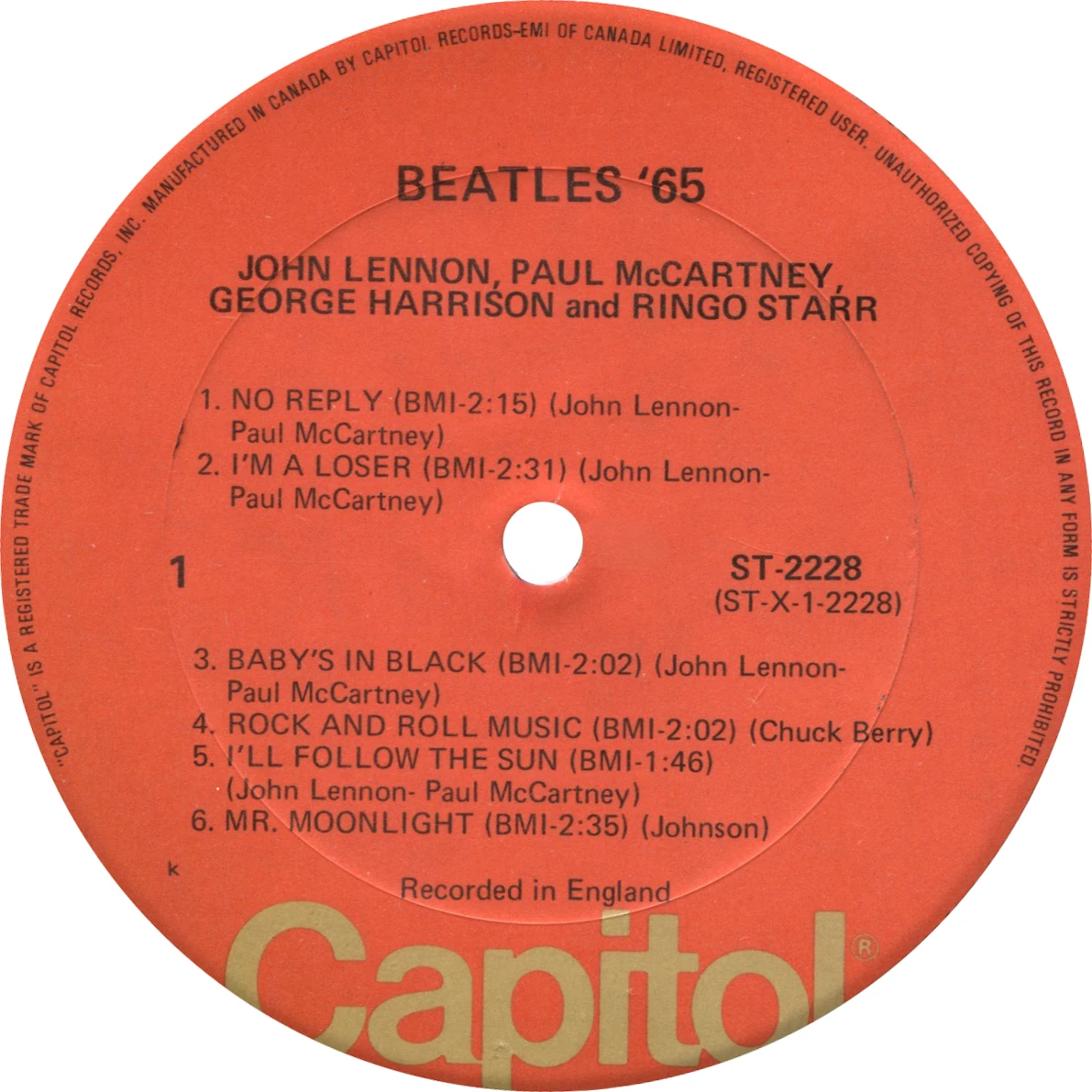 Beatles'65, LP.2228.7.2, side 1 label