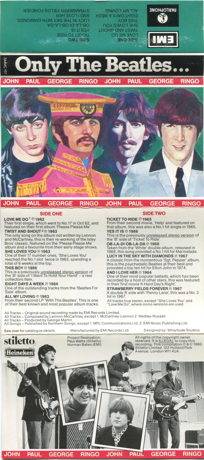 Only The Beatles... Heineken cassette (1986), J-card unfolded, outside, with the track notes