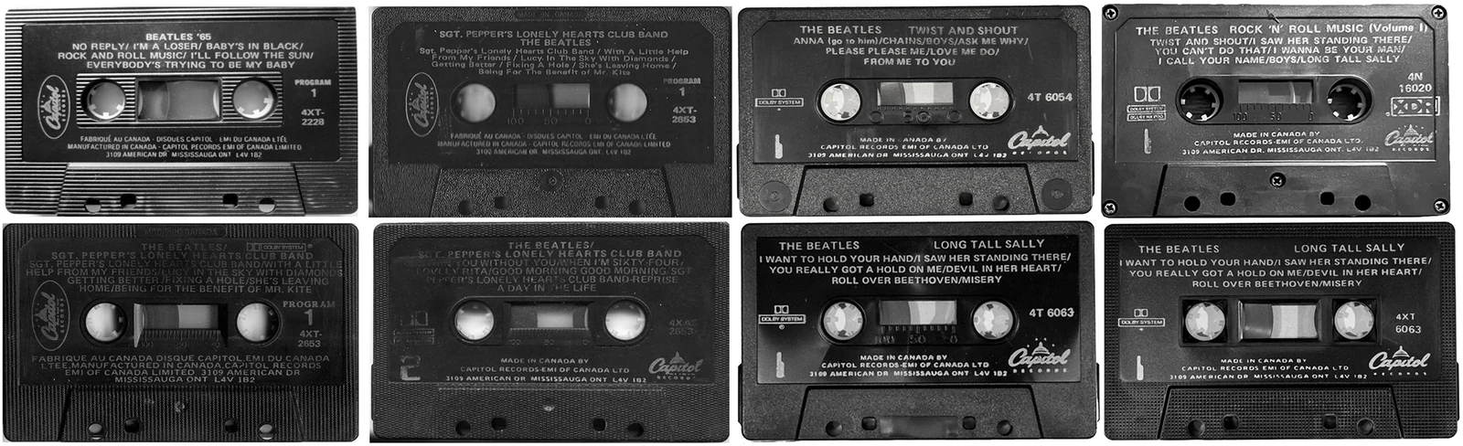 Eight Capitol black cassette shells showing different models and textures