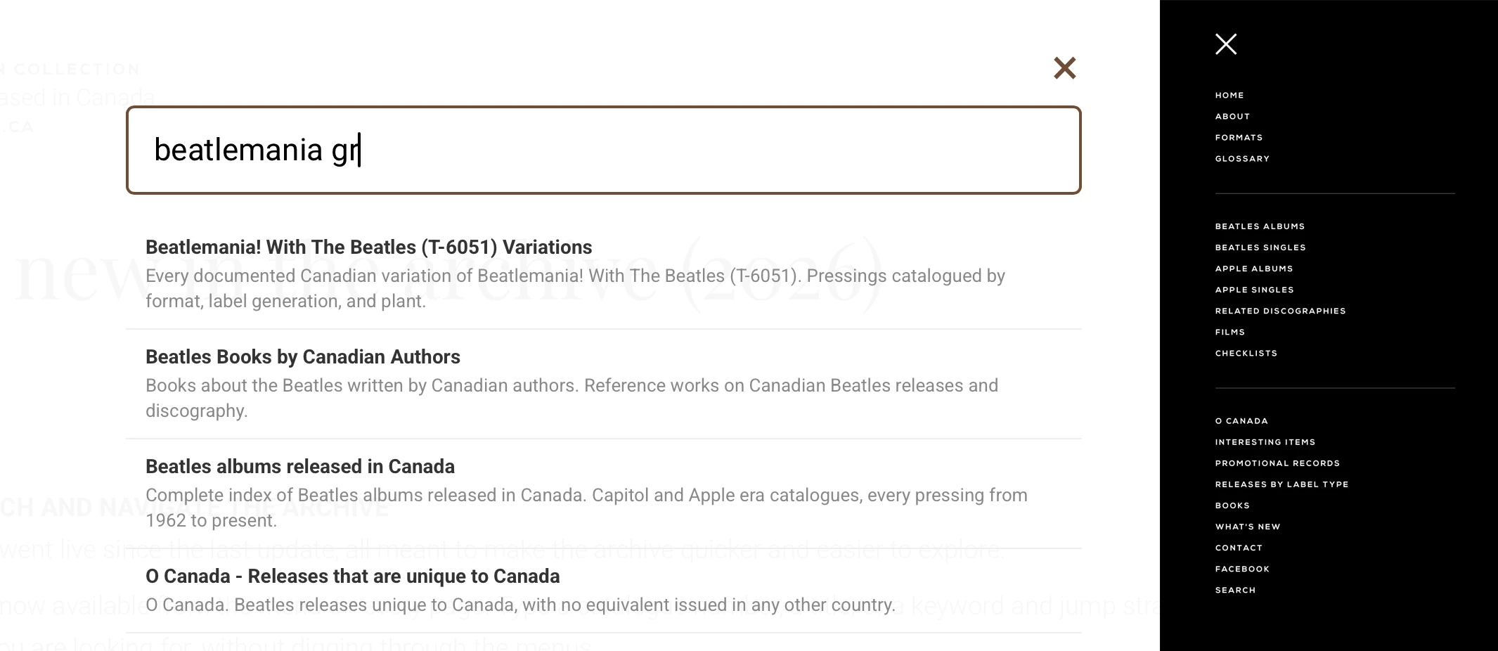 Site search overlay and the reorganized side menu