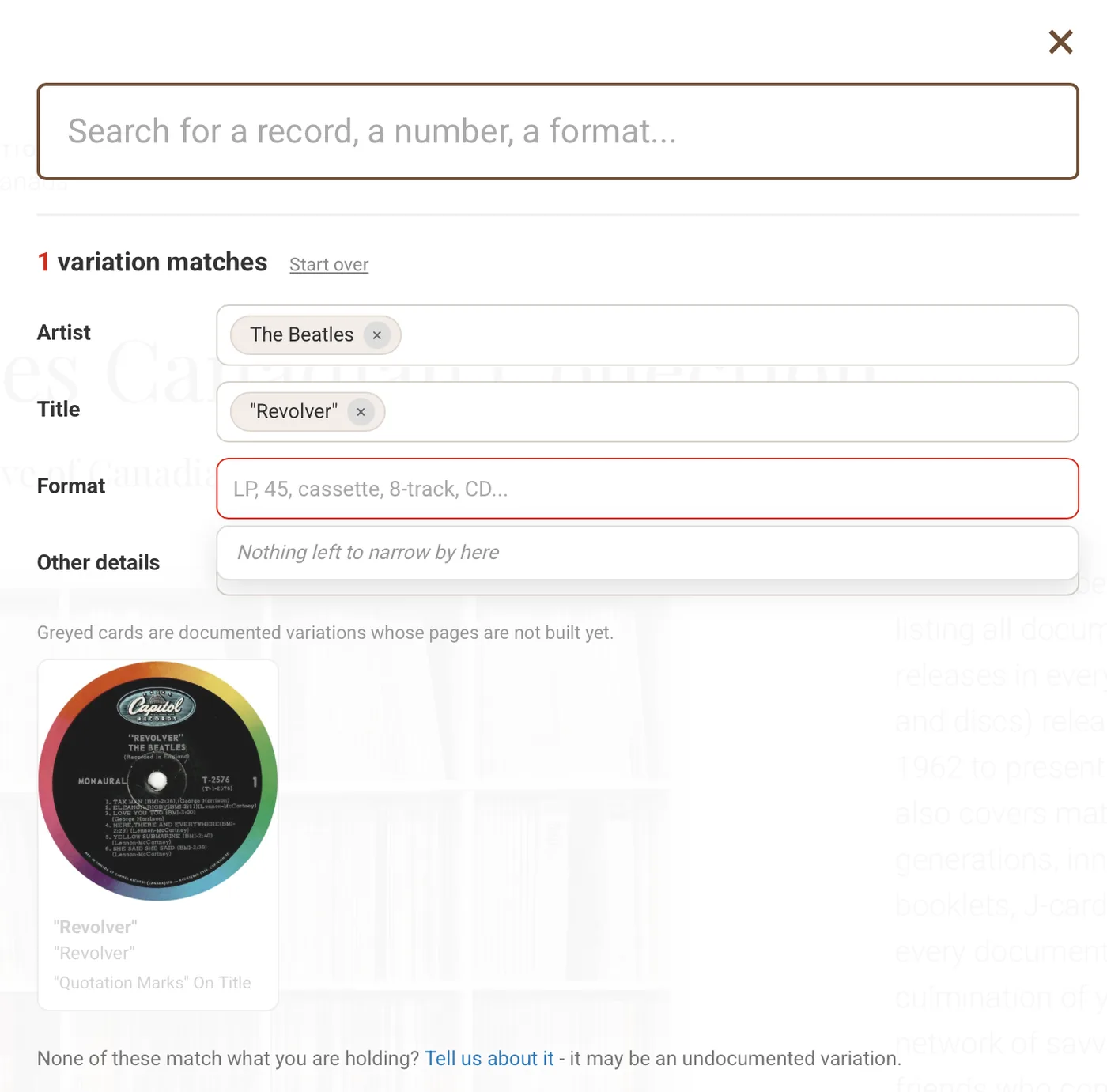 The search wizard filtering Something New rainbow-label LPs