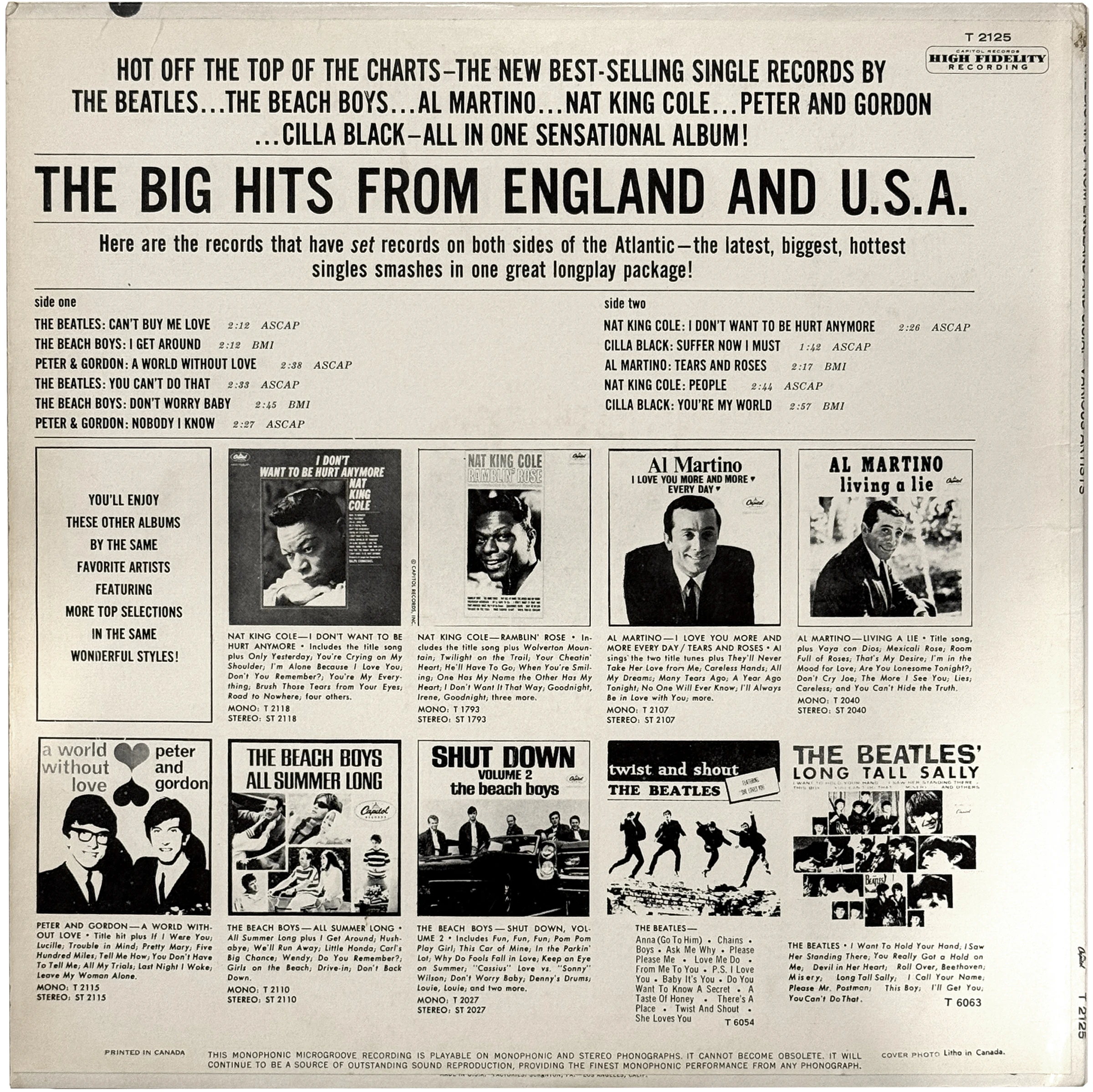 The Big Hits from England and the U.S.A. (Capitol compilation), LP.2125.1.1