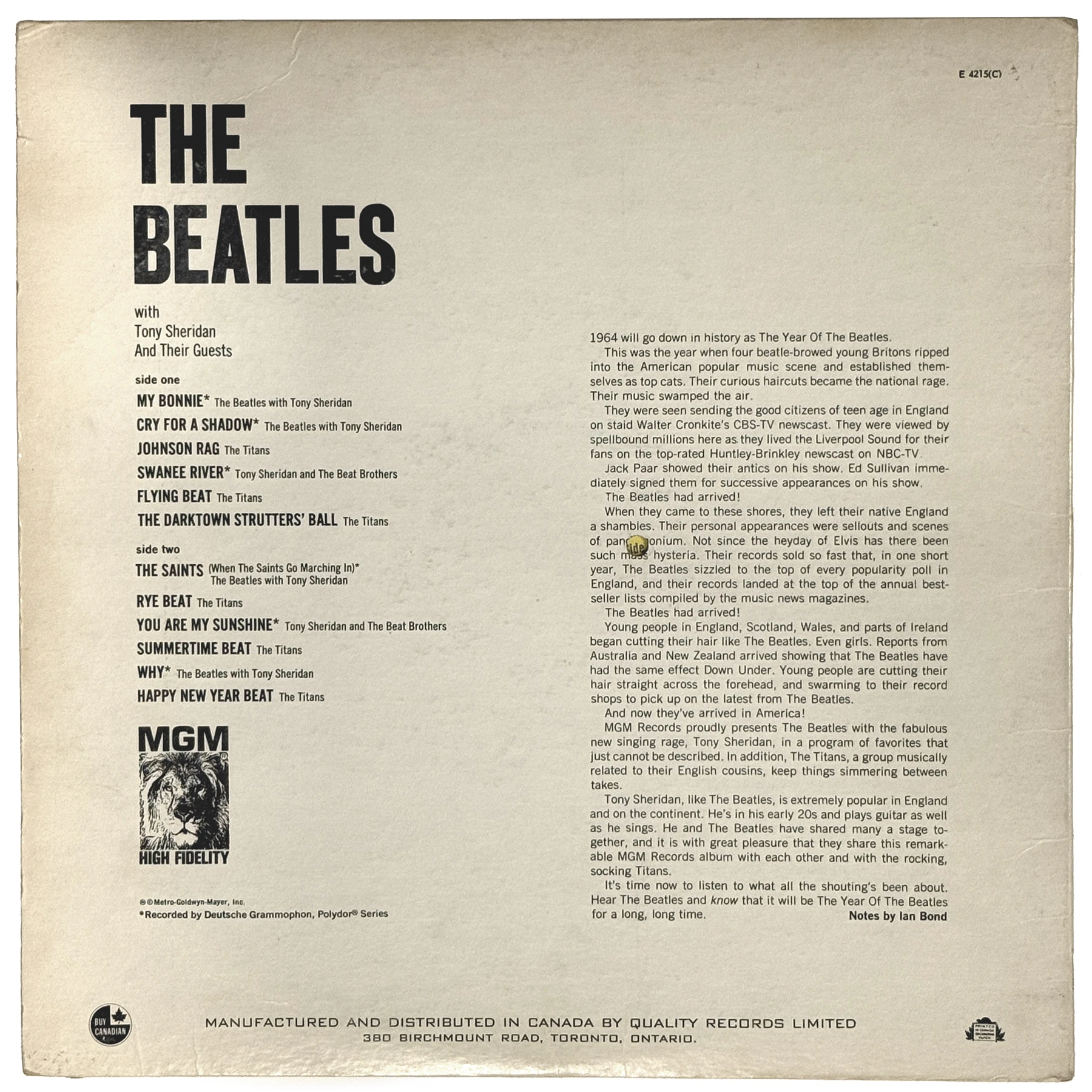 The Beatles With Tony Sheridan And Guests, LP.4215.MGM.1