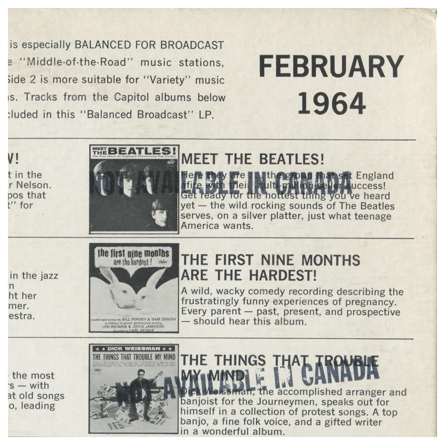 Balanced For Broadcast: Great New Releases From The Sound Capitol Of The World February 1964, LP.PRO2537/8.US.1