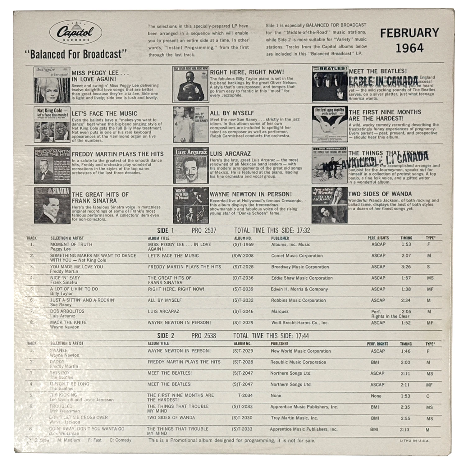 Balanced For Broadcast: Great New Releases From The Sound Capitol Of The World February 1964, LP.PRO2537/8.US.1
